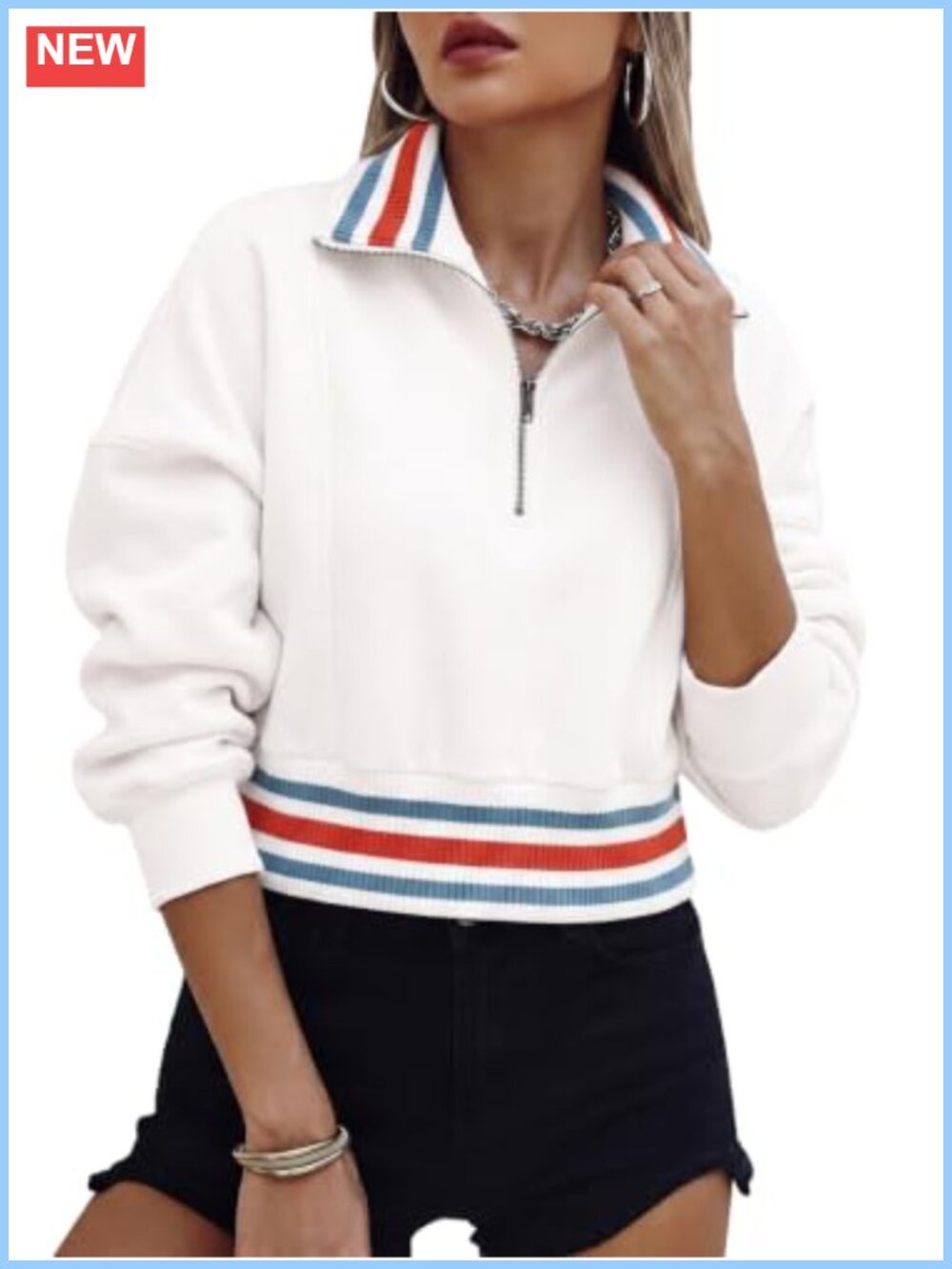 Half Zip Crop Pullover Sweatshirt Stripe Long Sleeve Track Jacket Athleisure